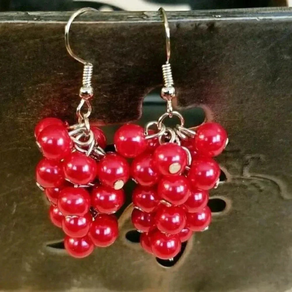Handcrafted Red Glass Pearl Beads Grape Cluster Cascade Earrings - Picture 1 of 1